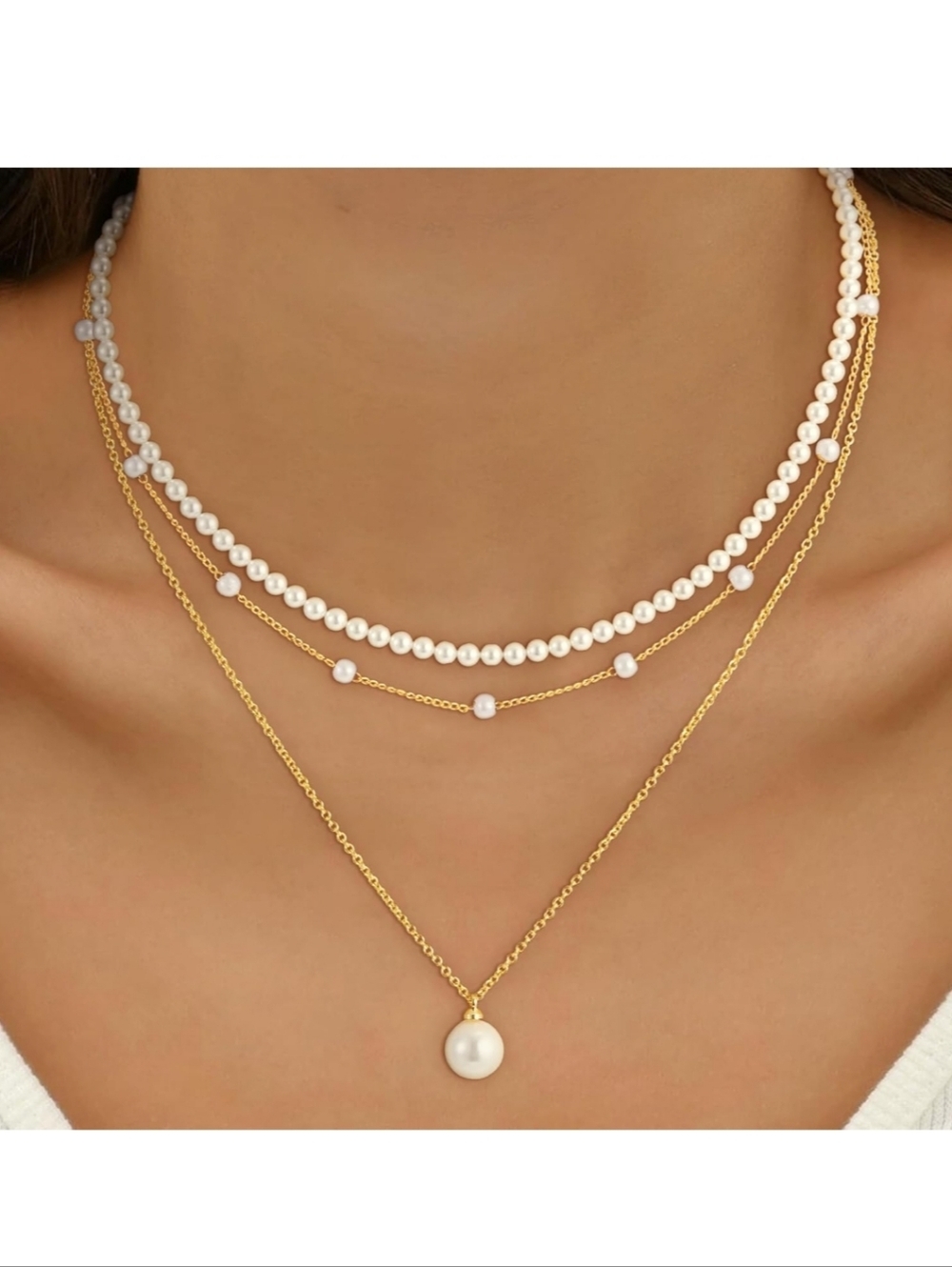 Gold and White Layered Pearl Necklace Set